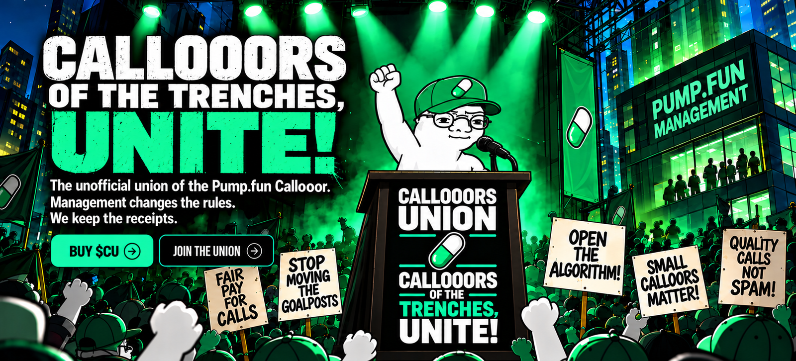 Callooors Union rally: white mascot with glasses and green pill cap at podium, protest crowd and green spotlights